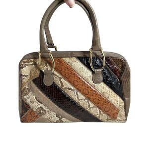 Vintage Supreme Patchwork Snakeskin Handbag W/Gold-Tone Handles & Zipper Closure